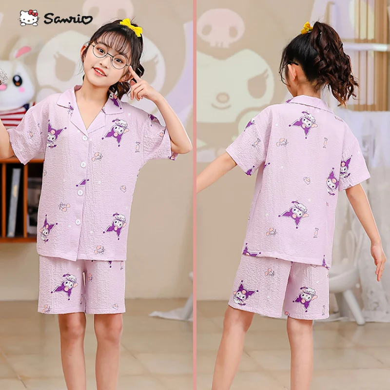 

Cute Sweet Kuromi Children Pajama Set Kawaii Sanrio Cinnamoroll Anime Casual Girl Baby Short Sleeve Shorts Home Wear Summer