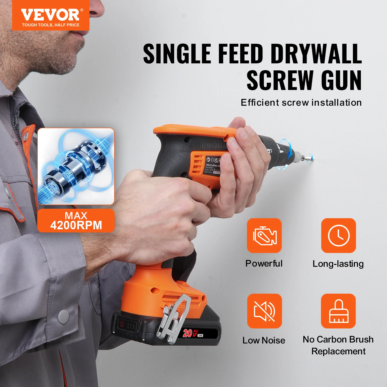 VEVOR Drywall Screw Gun 20V Max Drywall Screwgun 4200RPM Brushles Cordless Drywall Gun Kit Reverse Adjustable Built-in LED Light 2