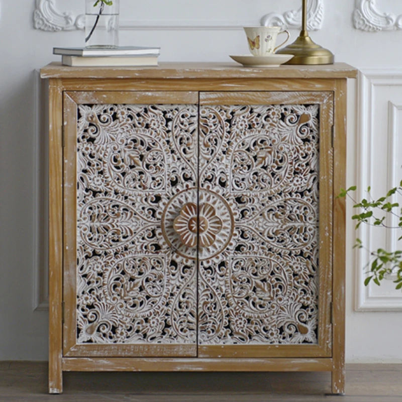 

GZ028 Moroccan Country Garden B&B Wooden Vintage Carved Storage Shoe Cabinet Side Cabinet Decorated porch cabinet