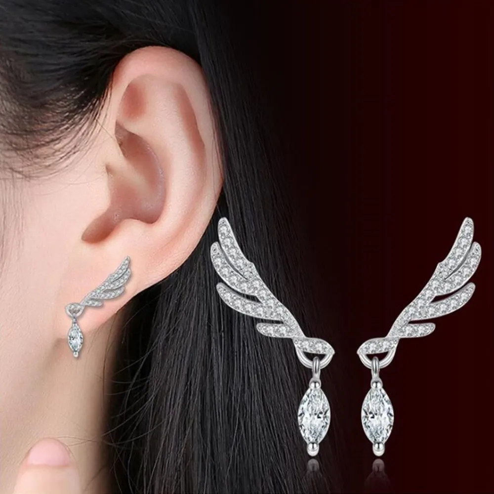 

Wholesale S925 Sterling Silver Trendy Stud Earrings High Quality Trendy Simple Cubic Zirconia Angel Wings Silver Earring Jewelry