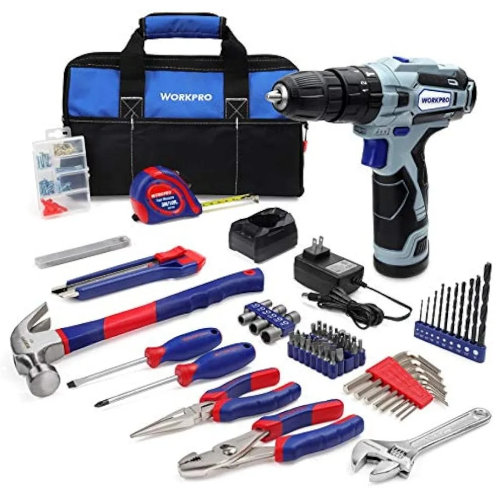 WORKPRO 12V Cordless Drill and Home Tool Kit, 177 Pieces Combo Kit with 14-inch Tool Bag