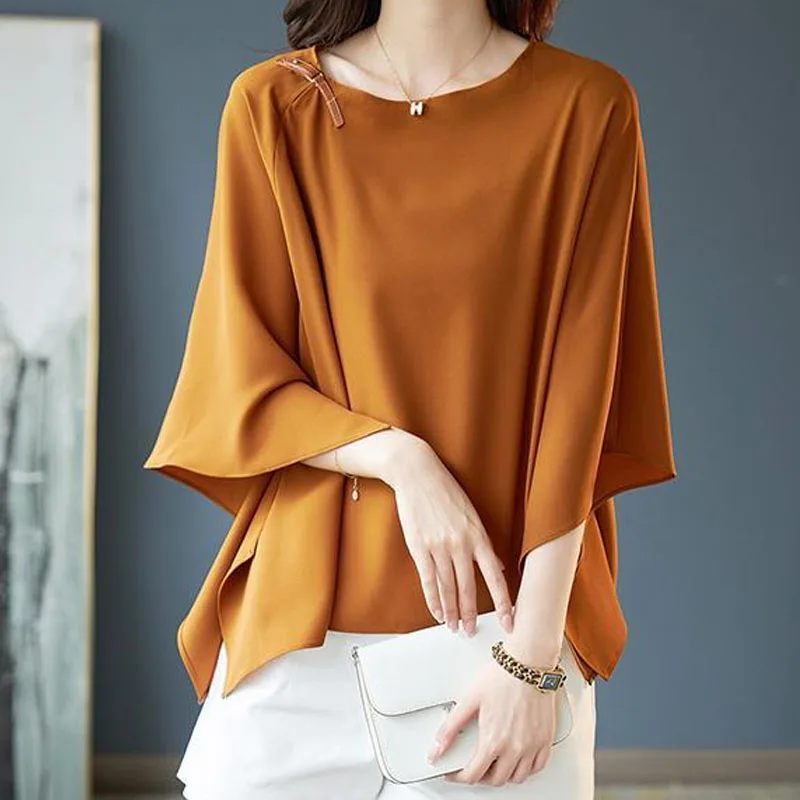 2023 New Summer Short Sleeve Round Neck Loose Solid Color Fashion Simplicity Commute Batwing Sleeve All-match Temperament Blouse