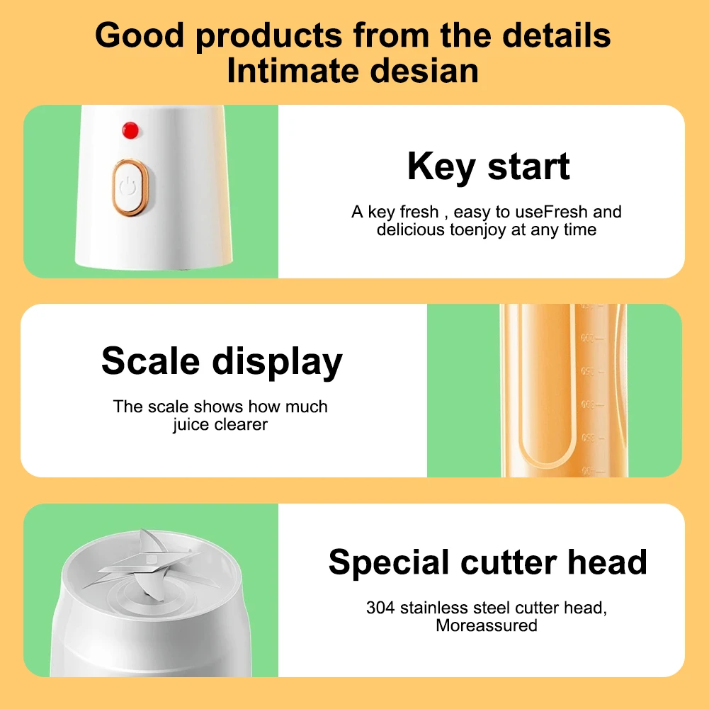 Juice Blender Fruit Juicer Juice Maker Blender 500ML Portable Electric Blender 40W USB Rechargeable Cordless Juicer High Powerful for Smoothie Milkshake Juice Food