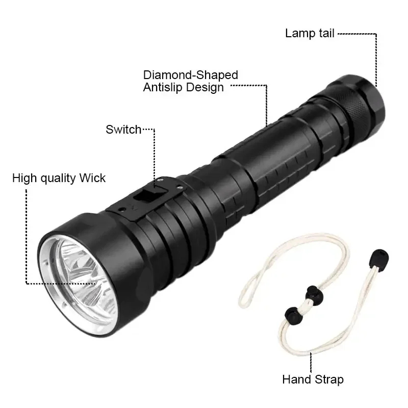 Description Picture 5 of itemPowerful LED Diving Flashlight Super Bright Professional Underwater Torch Flashlight Waterproof Rating Lamp Using 18650 Battery