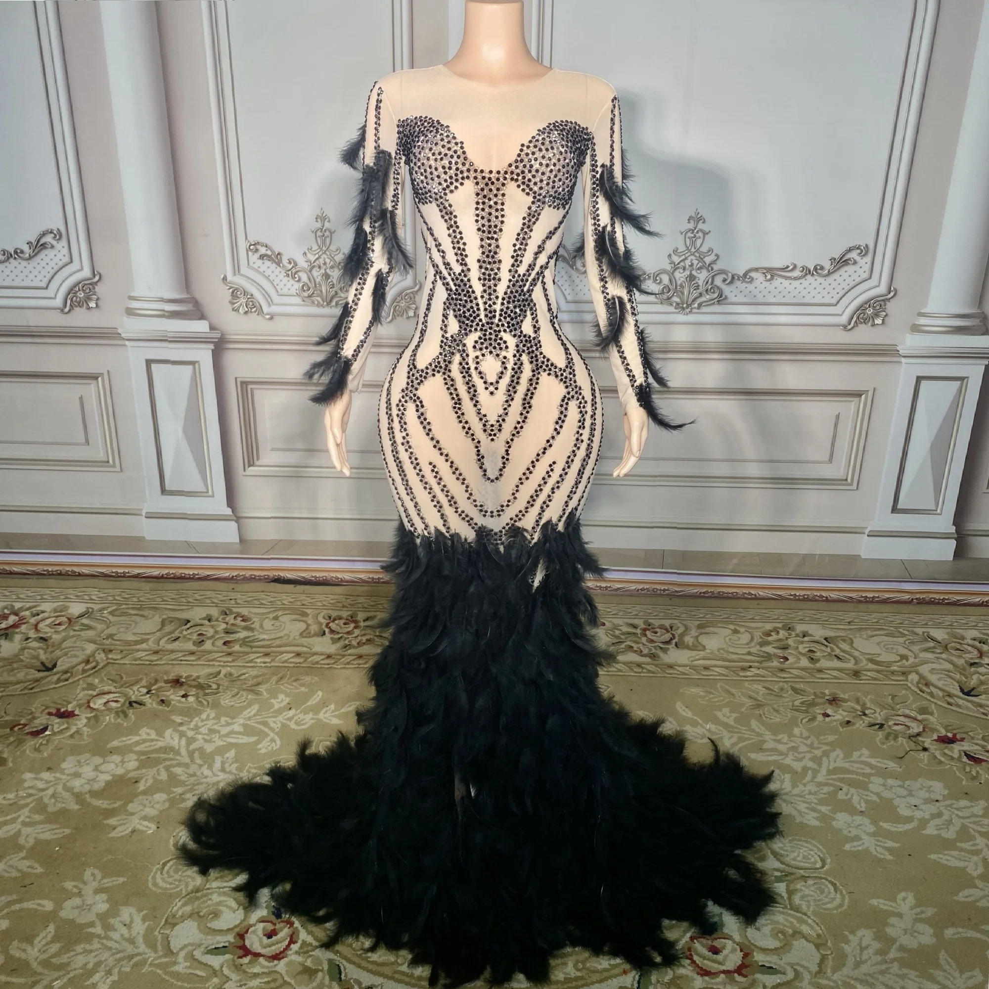 

Black Color Feathers Ladies Long Sleeve Beading Trumpet Floor-Length Dress Bodycon Evening Party Dress Singer Show Stage Costume