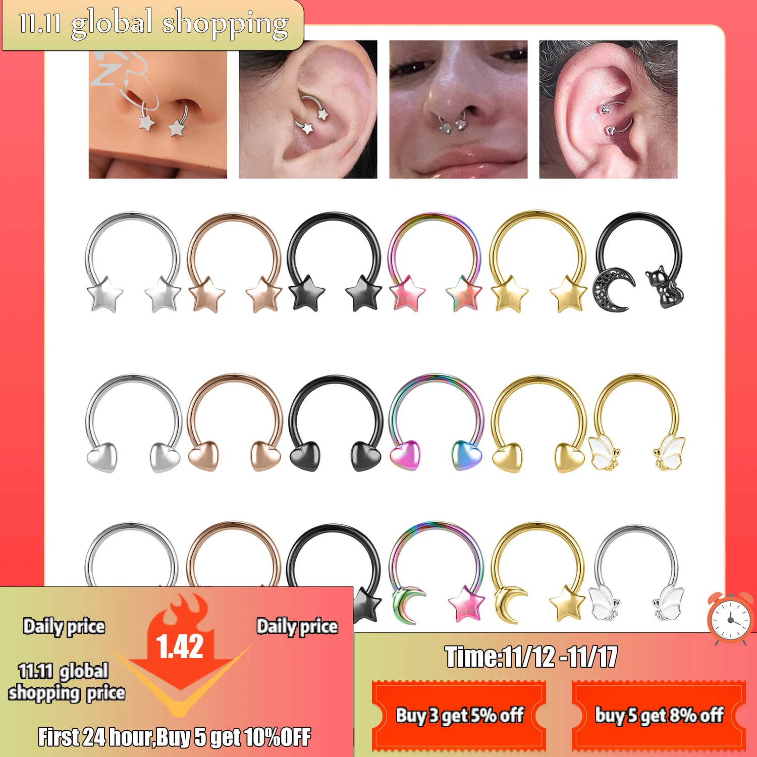 ZS 1PC 16G Star Heart Septum Ring Stainless Steel Nose Piercing Circular Barbell Cartilage Earring Tragus Helix Hoop Piercings 2