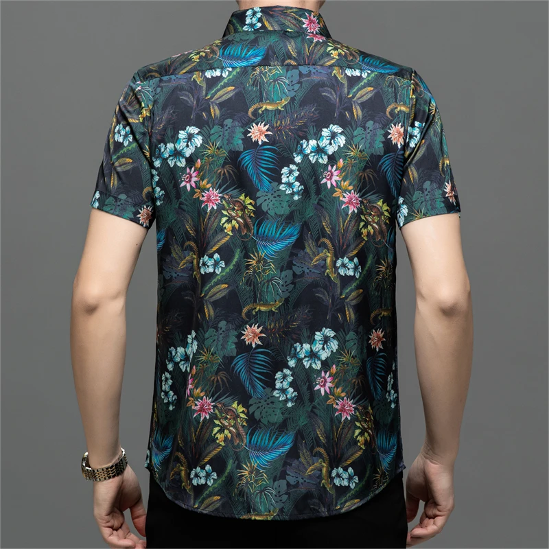 Mulberry Silk Blend Premium Shirts For Men Short Sleeved Casual Summer Quality Smooth Comfortable Floral Print Camisas De Hombre 5