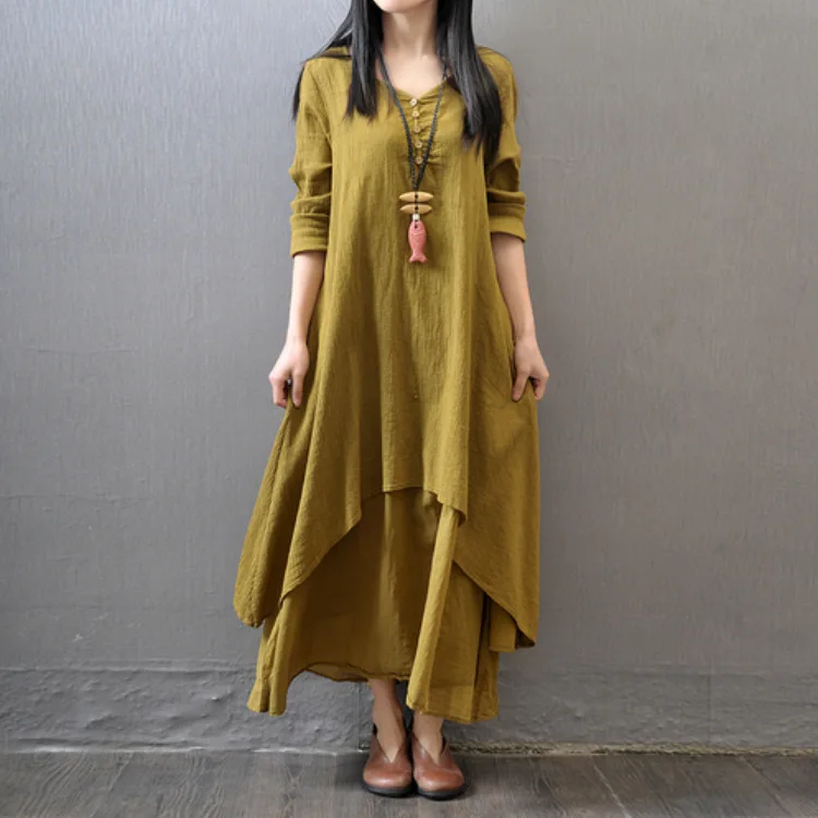 

VOLALO Women Vintage Baggy Dress Loose Long Sleeve Cotton Linen Summer Dress Long Large Button V-Neck Elegant Maxi Dress