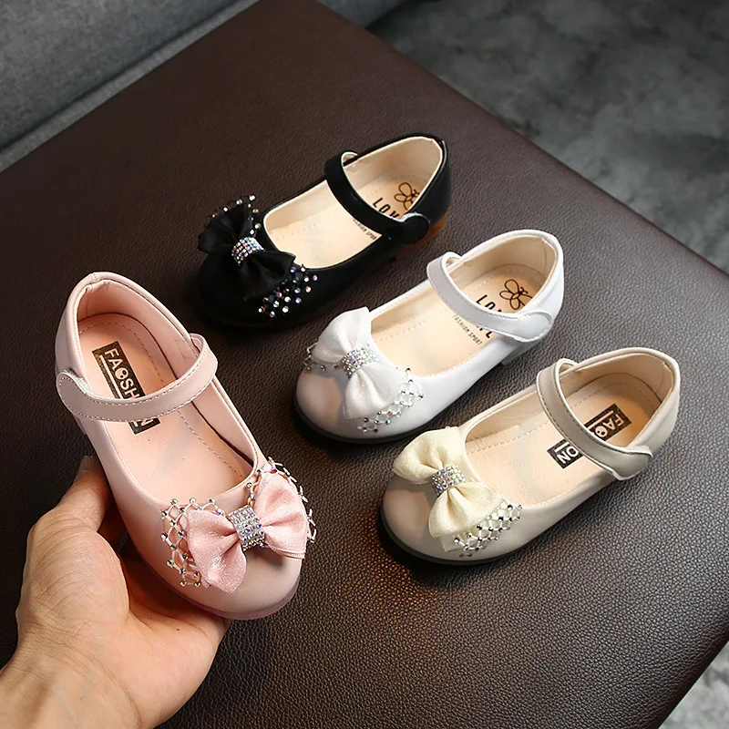 White Leather Shoes Girls Shoes Girls Flats for Girls Kids Wedding Dress Shoes Bow-knot Bowtie Sweet Crystal Children's Leather Flats Toddlers Girls 22-31