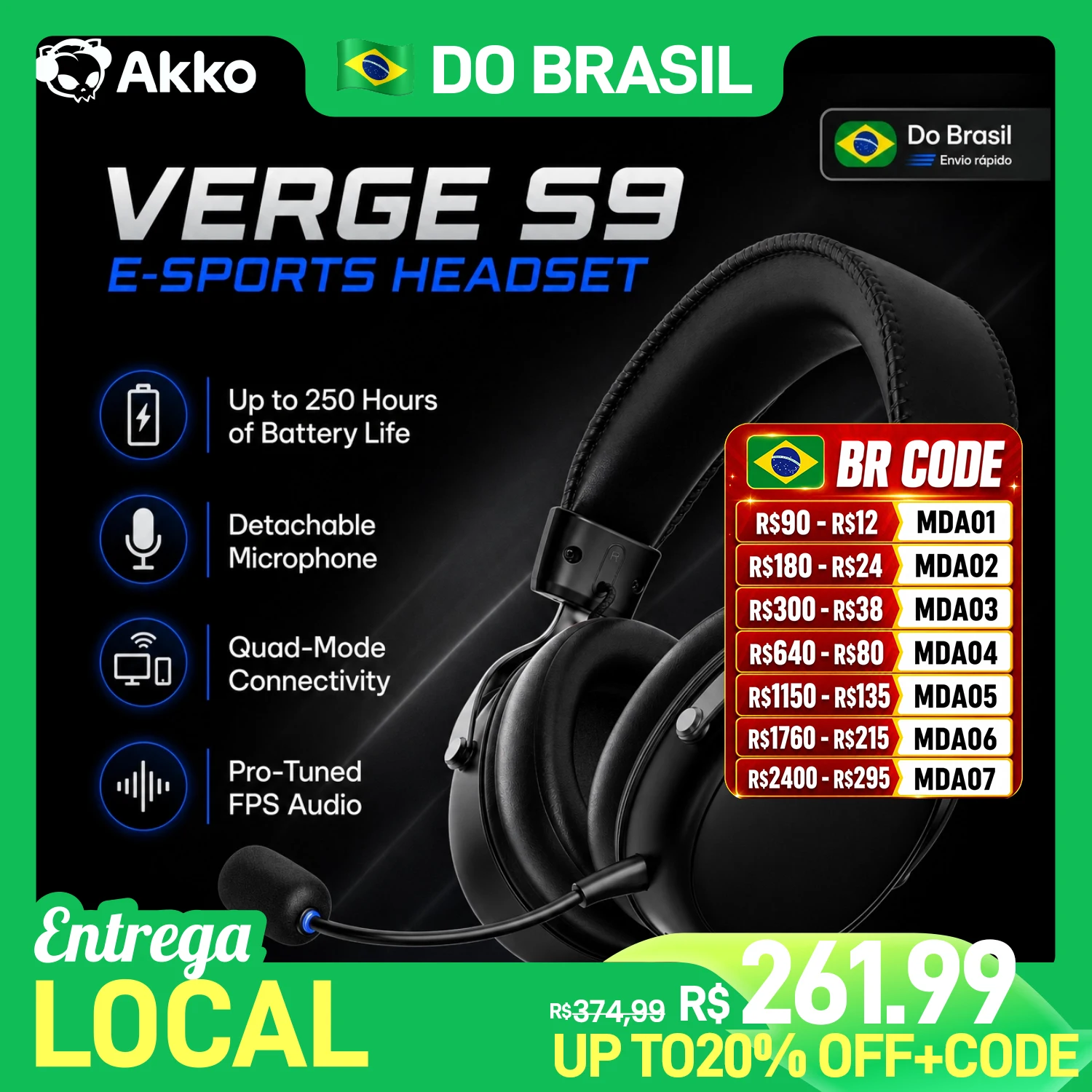 Fone de Ouvido AKKO VERGE S9 Ultra com Microfone, Som Surround Virtual 7.1, Modo Quádruplo, Acessórios para Jogos de PC e E-sports
