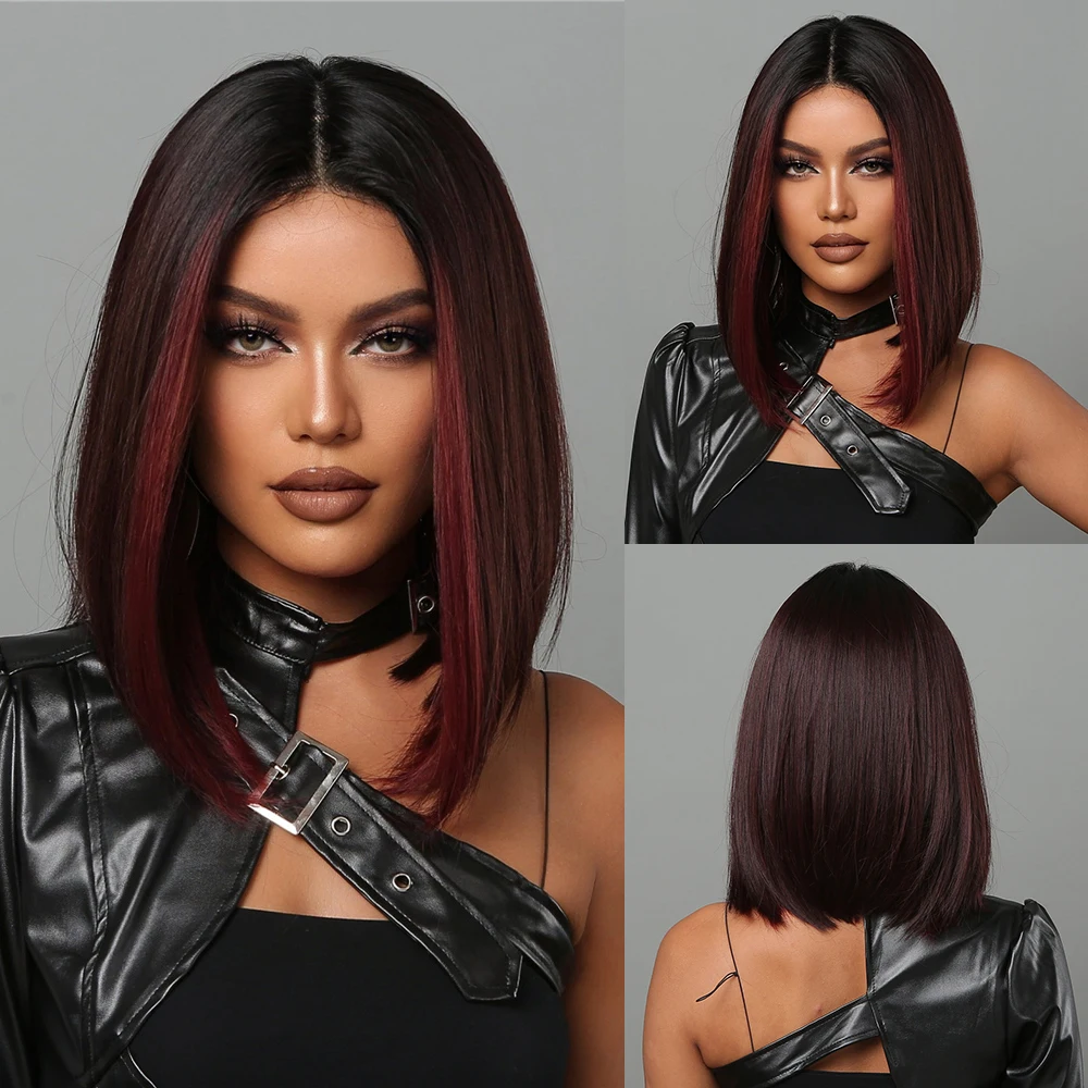 HAIRCUBE Bob Parrucche Per Le Donne Parrucca Bob Nera Corta Con Meches Rosse Parte Centrale Parrucche Sintetiche Per Capelli Resistenti Al Calore Cosplay Capelli_voghion.com