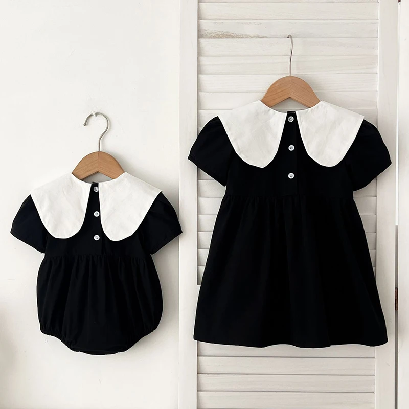 2025 Sister Clothes Baby Girl Dress Bodysuit Bow Party Summer Sister Dress Doll Collar Lace Embroidered One Piece Clothes Dress 3