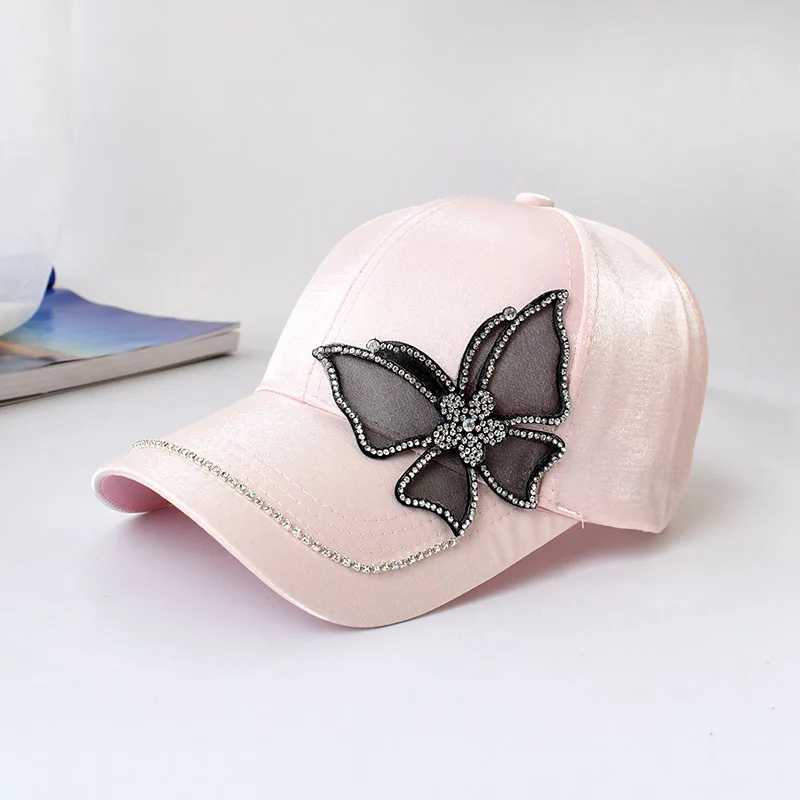 Fashion Butterfly Rhinestone Baseball Cap Women Summer Silk Satin Visor Sun Hat Leisure Adjustable Lady Snapback Cap