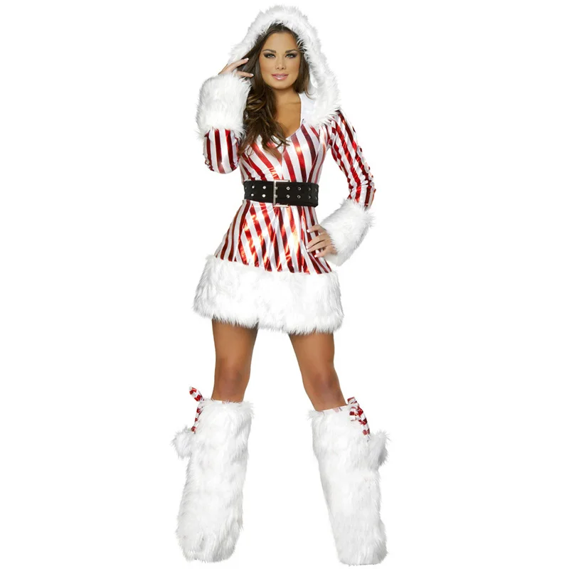 

Christmas Dress Women Winter Clothes Striped Long Sleeve High Waist Hooded Dress with Belt and Leg Warmers Cosplay Costume
