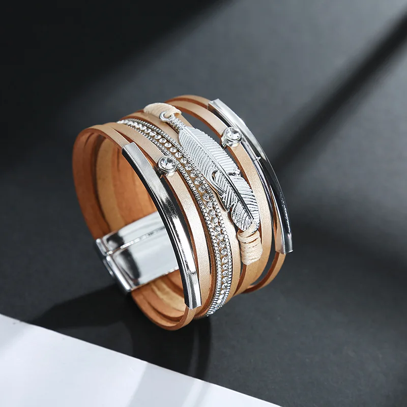 Hot Sale Leather Rope Handmade Bracelet Alloy Feather Leaf Bracelet Women's Jewelry