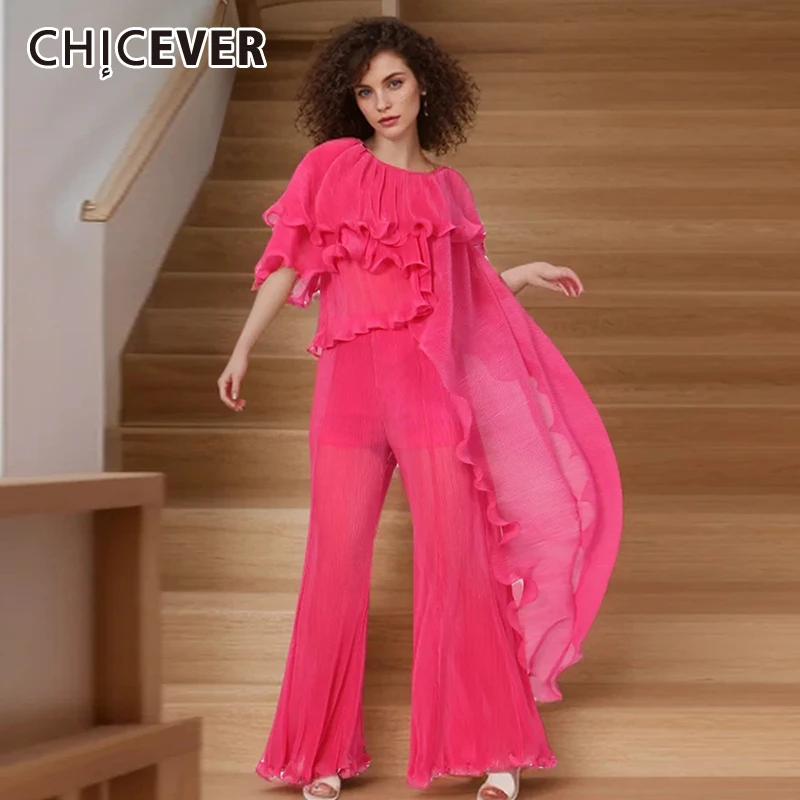 

CHICEVER Solid Two Piece Sets For Women Diagonal Collar Off One Shoulder Tops High Waist Loose Wide Leg Pant Casual Set Female