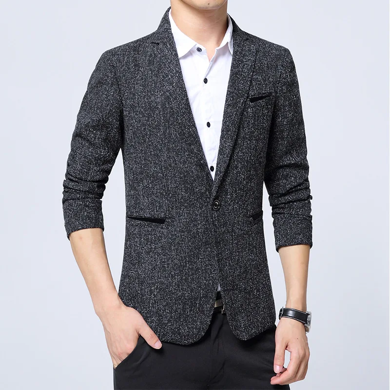 Casual Men's Blazer Autumn Winter Single Button Black Gray Blue Plaid Fashion Slim Fit Male Suits Jacket Young Man Clothing Tops