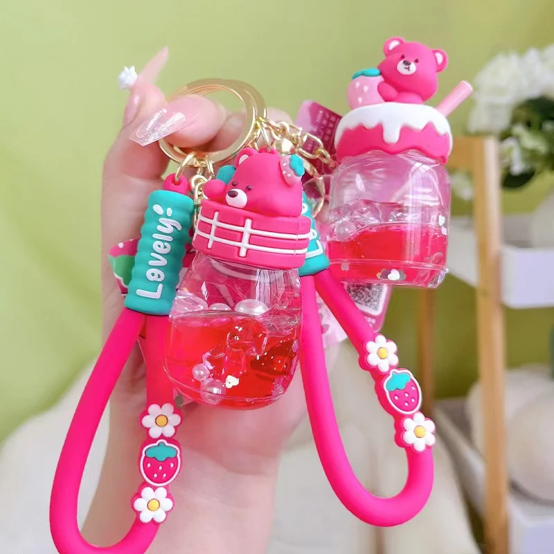 

Creative Strawberry Bear Liquid Keychain Cute Flowing Quicksand Pink Bottle Keyholder Female Bag Pendant Keyring Gifts