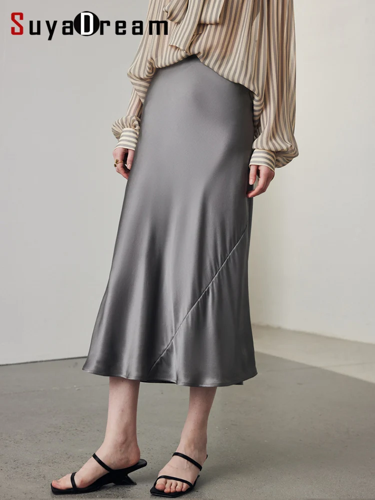 SuyaDream 여성용 솔리드 롱 스커트, 90% 리얼 실크 10% 스판덱스, 탄성 허리, A 라인 시크 스커트, 2024 용수철 여름 하의 