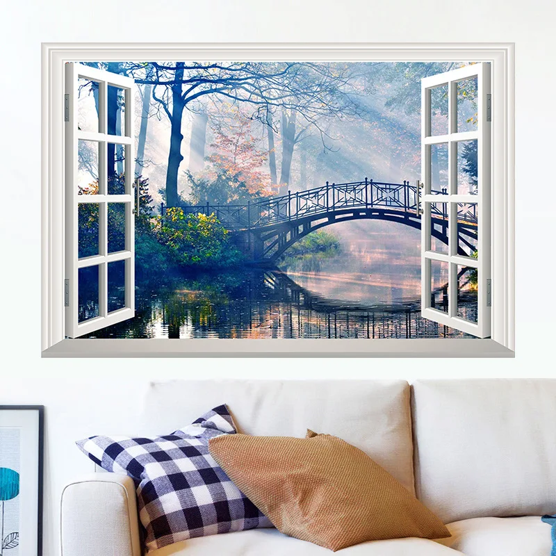 

3D Self-adhesive Wallpaper for Bedroom, Wall Painting Stickers, False Window Scenery, Living Room Decoration Poster, 2Pieces