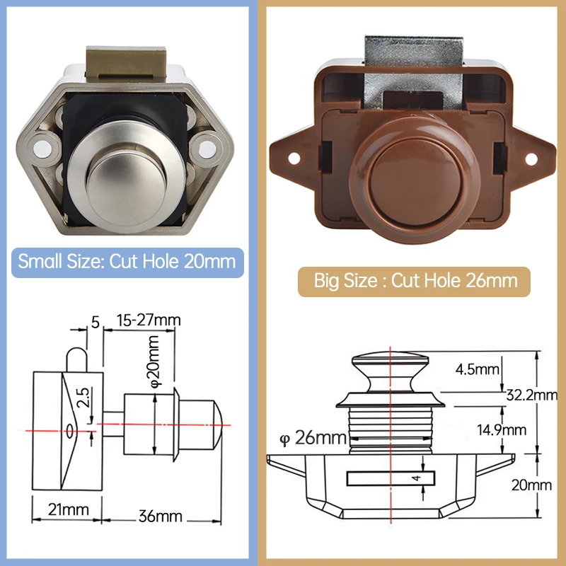 Cabinet Door Lock Drawer Lock Button Camper Car Push Lock Diameter 20/26mm RV Caravan Boat Travel Trailer Drawer Latch Keyless Cabinet Lock Furniture Hardware