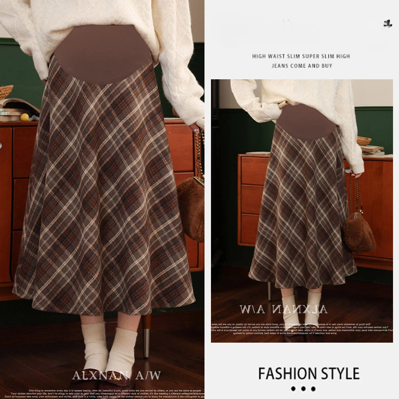 Korean Style Maternity Coffee Long Plaid Skirts Thick Warm Pregnant Woman Woolen Belly Skirt Plus Size Pregnancy Umbrella Skirt