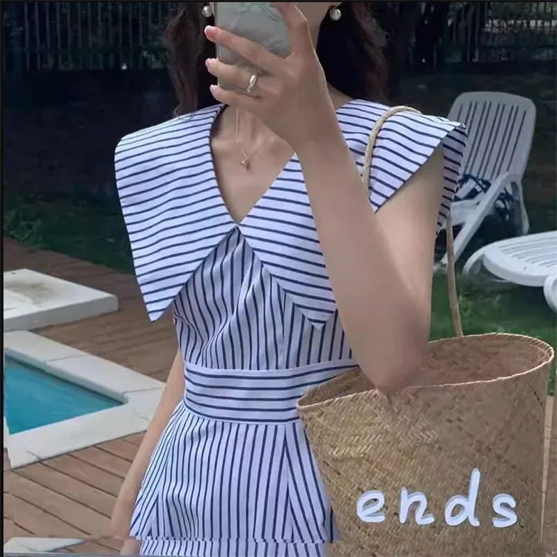 

Summer 2023 New Fashion Holiday Dress Vintage Black Blue Striped Boho Beach Seaside Party Dress Lapel Collar Fairy Photo Dress