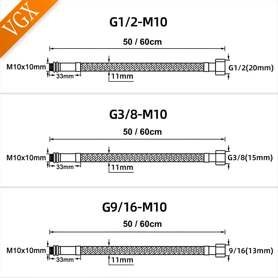 VGX G1/2 G3/8 G9/16 304 Stainless Steel Flexible Plumbing Pipes Cold Hot Mixer Faucet Water Supply Pipe Hoses Bathroom Kitchen plumbing hose water pipe