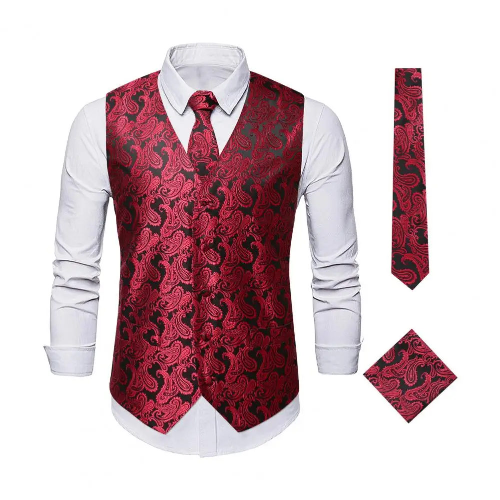 

Men's Vest Coat Set Cashew Nut Print Waistcoat Set with Tie Kerchief V-neck Single Breasted Wedding