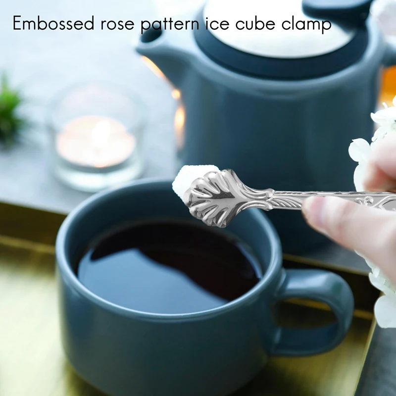 6 Pcs Vintage Rose Relief Ice Square Clips Sugar Tongs Foods Clips Kitchen Serving Tong Barware