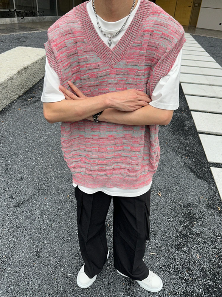 Men Sweater Vests V-neck 3 Color Koran Style Retro Daily College Knitting Sweaters Contrast Vitality All-match Popular