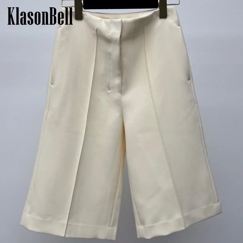 

11.7 KlasonBell Solid Color Fashion Simple Side Pocket High Waist Straight Knee Length Pants Women