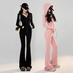 Hoodies 2 Piece Sets Women Tracksuit Long Sleeve Zipper Hooded Sweater Crop Top Flare Pants Stretch Matching Suit 2023 Outfit