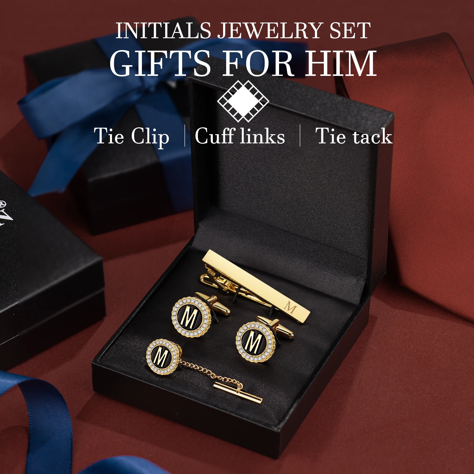 HAWSON Personalized Letter Crystal Cufflinks Tie Clip and Tie Buckle Set for Tie and French Cuffs or Dress Shirt  ,Gift for him