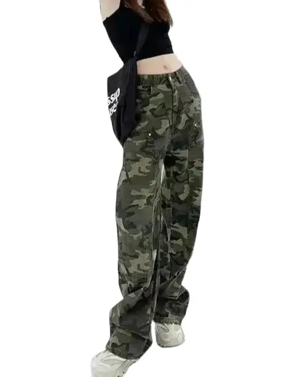 Camouflage Cargo Pants Women Y2K Streetwear Low Rise Jeans Retro Wide Leg Trousers Denim Straight Trousers Harajuku