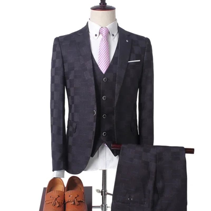 Plaid Suit Men Blazer Vest Pants Business British Style Wedding Dress Banquet High End Slim Fit Jacket Trousers 3 Piece Set mens suit