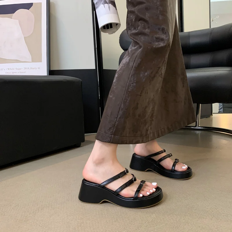 

Silver Slippers White Wedges Shoes For Women Platform High Heels Sandals Black Belt Buckle Beach Slippers Casual Summer Sandals
