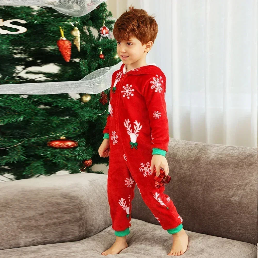 Winter Children's Christmas Pajamas Baby Boys Girls Zipper Hooded Jumpsuit Warm Thick Flannel Romper Xmas Clothing