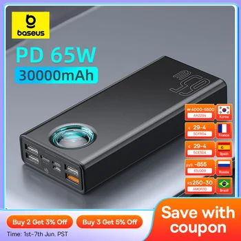 Baseus 65W Power Bank 30000mAh PD Quick Charge FCP SCP Powerbank Portable External Charger For Smartphone Laptop Tablet