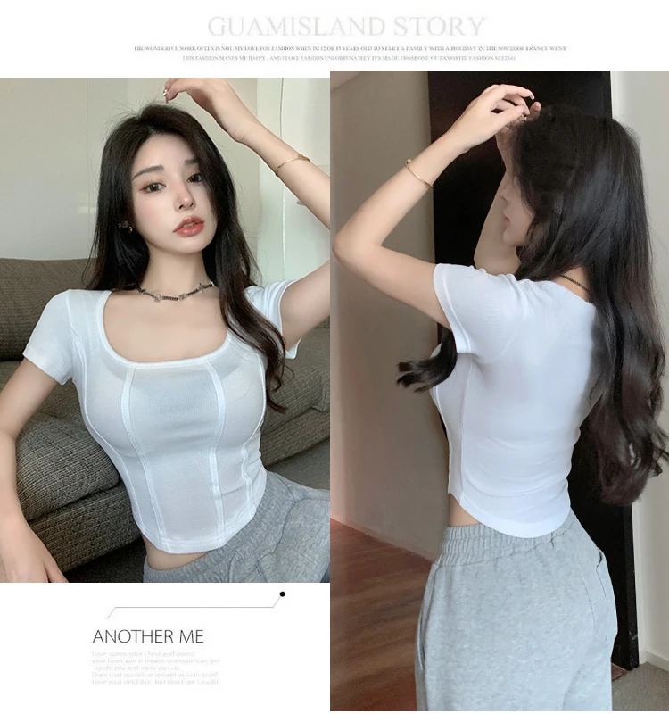 2026 Sommer Neuer Koreanischer Stil Damen T-Shirt Quadratischer Ausschnitt Fischgrätenmuster Slim Fit Kurzarm Crop Top Trendiges Vielseitiges Oberteil – Detail 34