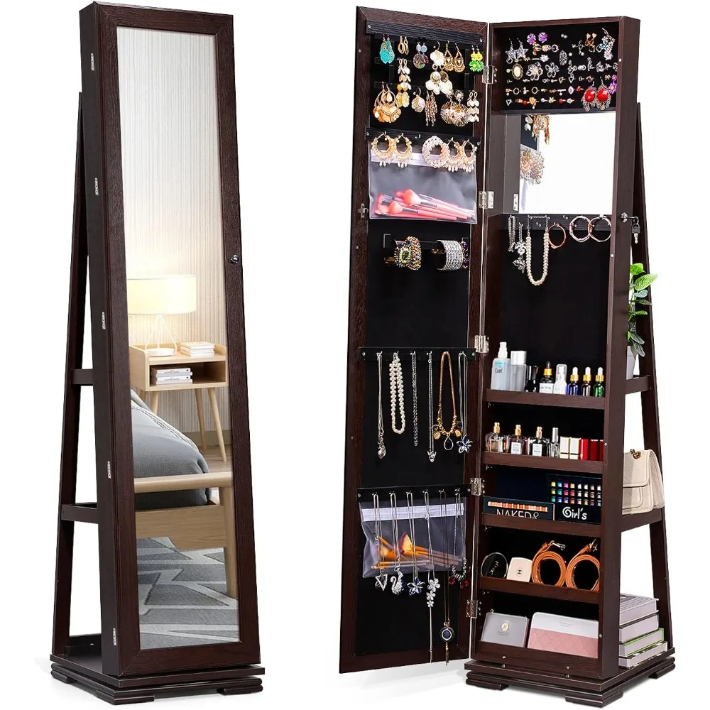 

TWING 360° Rotating Jewelry Armoire with Full Length Mirror, Revolving Full Body Mirror Makeup Jewelry Cabinet Standing Jewelry