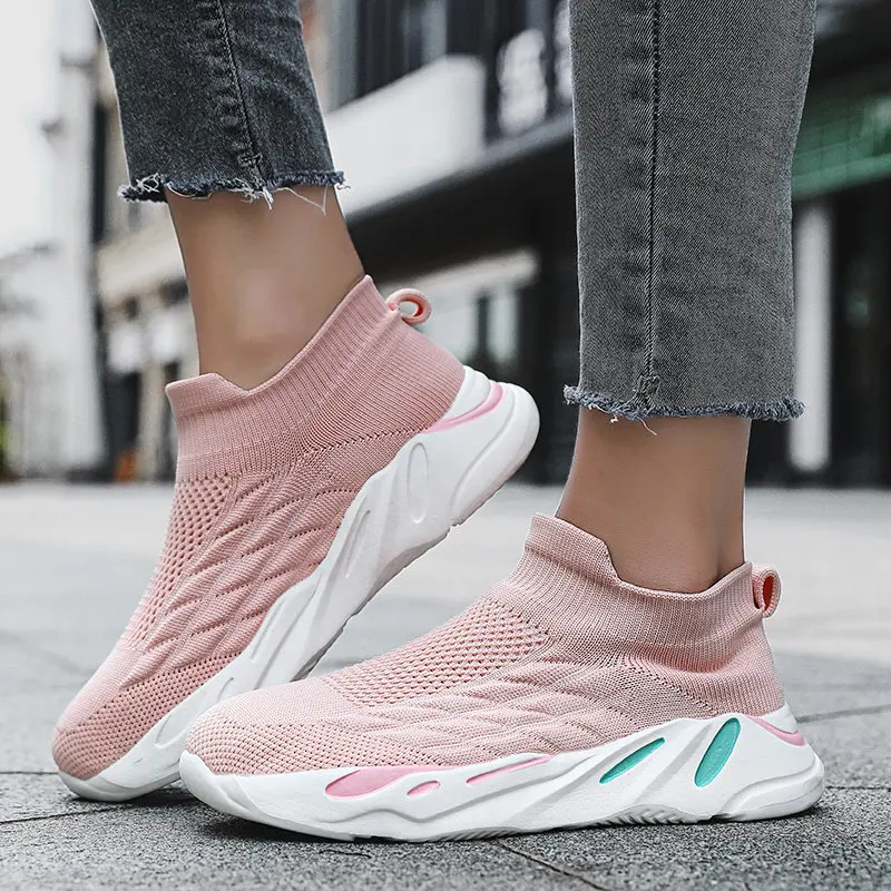 Fashion Pink Knit Sneakers For Women Lightweight Breathable Children's Sneakers High Top Slip-on Platform Women's Running Shoes