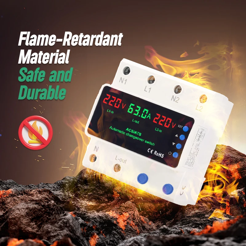 Interruttore Di Trasferimento Automatico ATS 63A 220V Monofase – Display LED, Protezione Sovra/Sottotensione Regolabile, Per Gruppo Elettrogeno E Rete, Montaggio Su Guida DIN