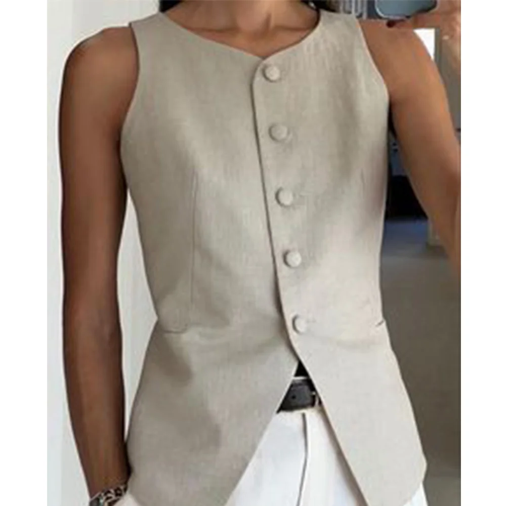 Dress Vests Womens Vests Top O-Neck Sleeveless Single-Breasted Soft And Comfortable Fashion Female Gilet For Casual Daily Suit Vest Top
