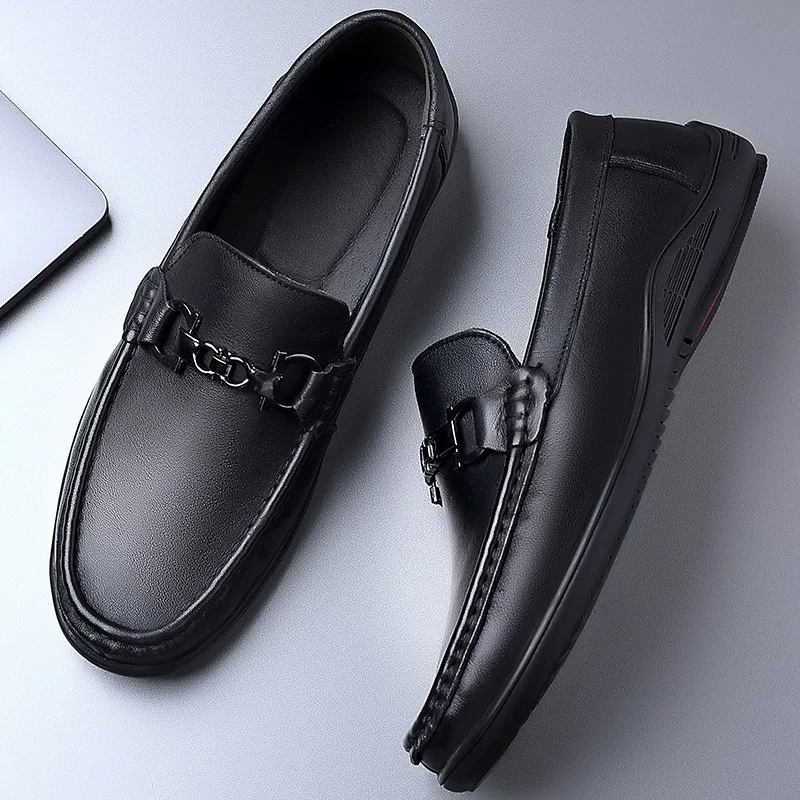 Men's Casual Business Shoes Cow Genuine Leather Mens Classic Buckle Loafers Moccasins Men Light Driving Party Wedding Flats