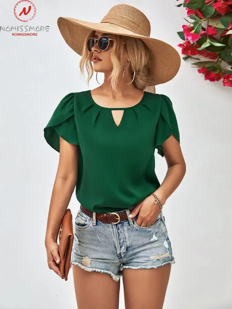 

Sweet Women Summer Solid Color Blouse Hollow Out Shrinkage Design O-Neck Petal Sleeve Loose Pullovers Top