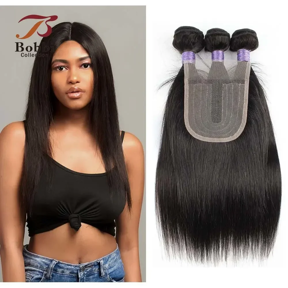 Straight Human Hair 3 Bundles with Closure Middle Part 4x4 T Transparent Lace Black 60g/pc Remy Human Hair Extension