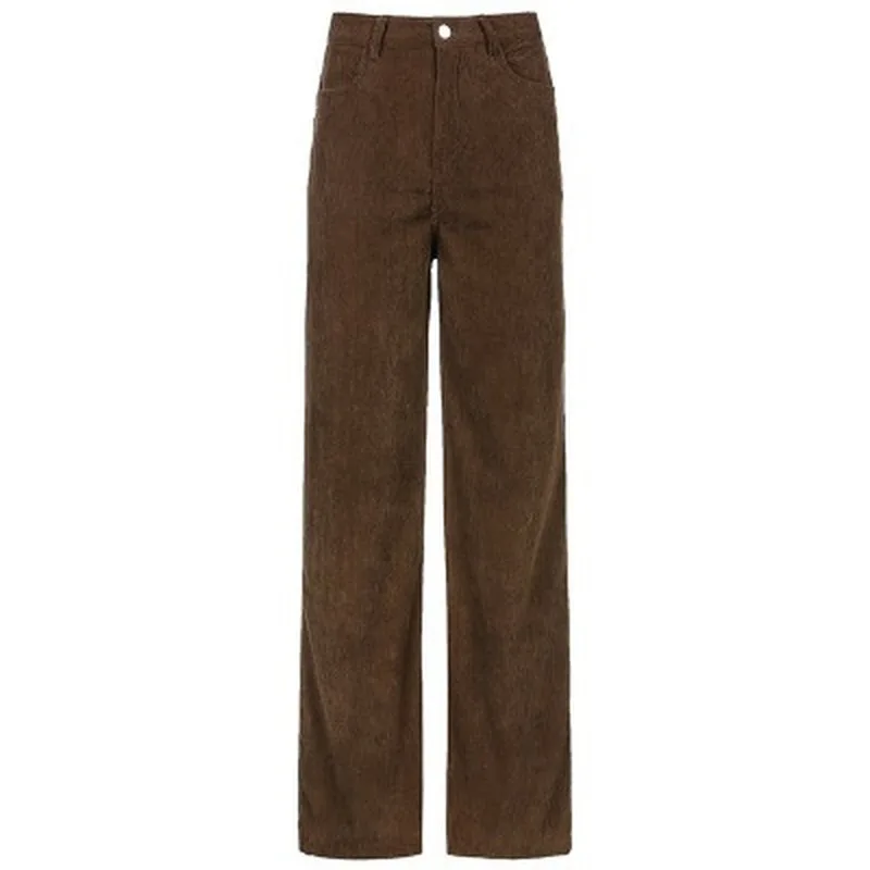 Aesthetic Solid Color Corduroy Wide-leg Pants Y2K Fashion High-waist Baggy Pants Retro British Streetwear Brown Trousers Goth