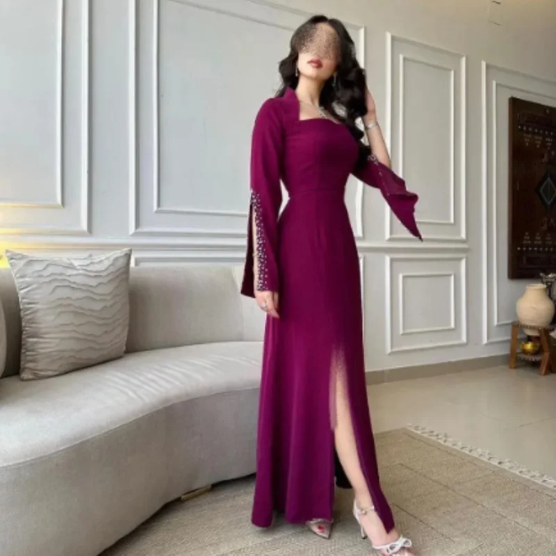 

Formal occasion high slit dress Saudi Arabian square neck ball dress mermaid long sleeved side slit floor mopping evening dress