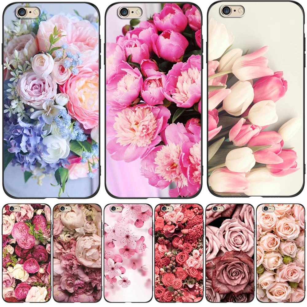 Per Iphone 5 S 5 S Se 2016 4.0 "Cover Per Telefono Su Apple Iphone 6 S 6 S Plus Funda Bumper Custodia In Tpu Nero Flower Rose Peony